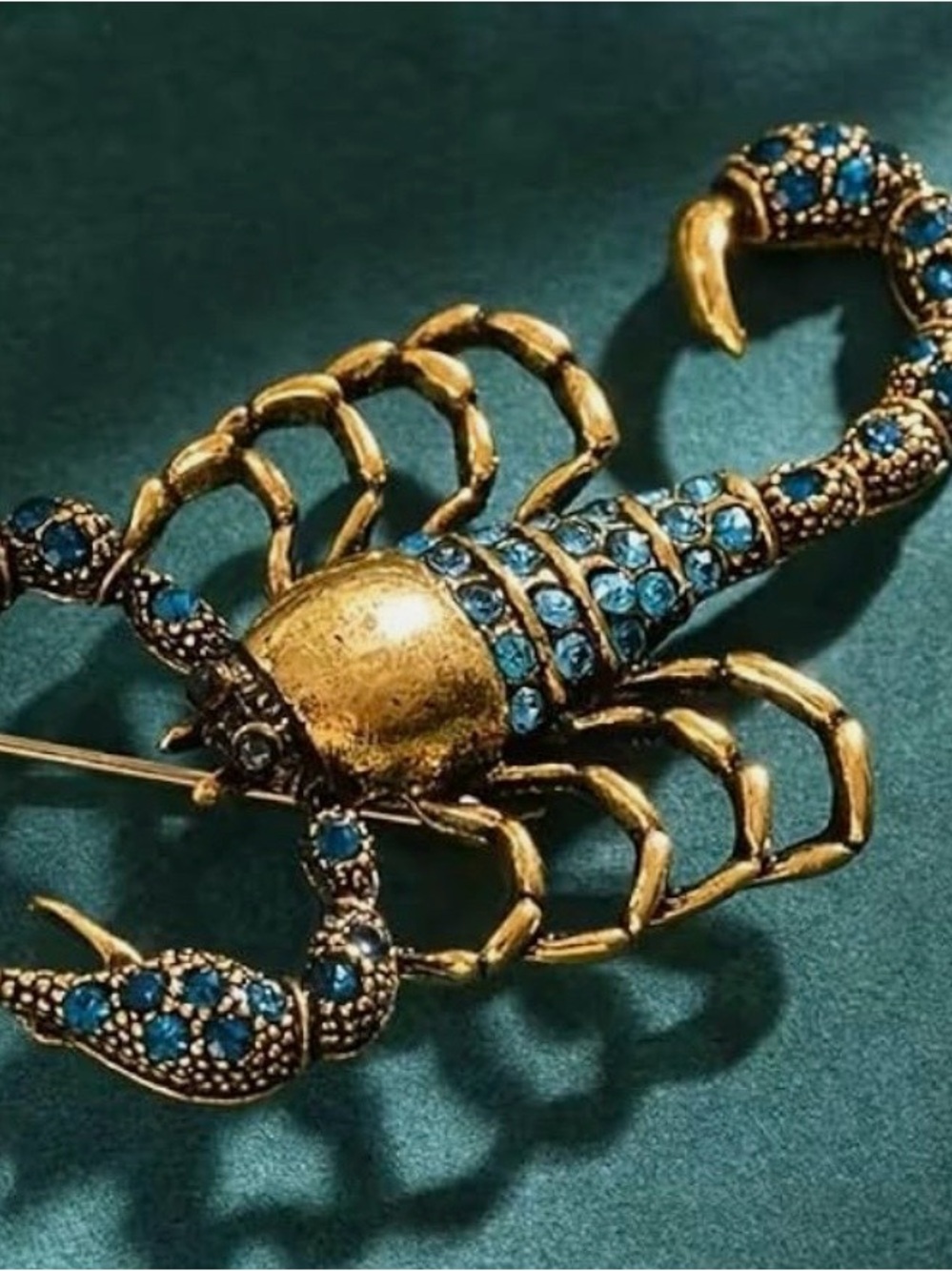 Gold Scorpion Brooch with Blue Crystal Accents - Lapel Pin
